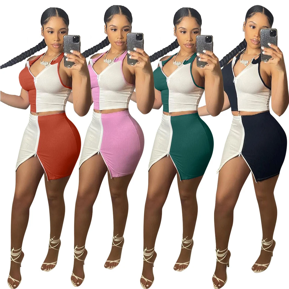 

Casual Colorful Sexy Fashion Two Piece Short Strap Stitching Zipper Patch Designs Tracksuit Summer Skirt Set for Women Custom
