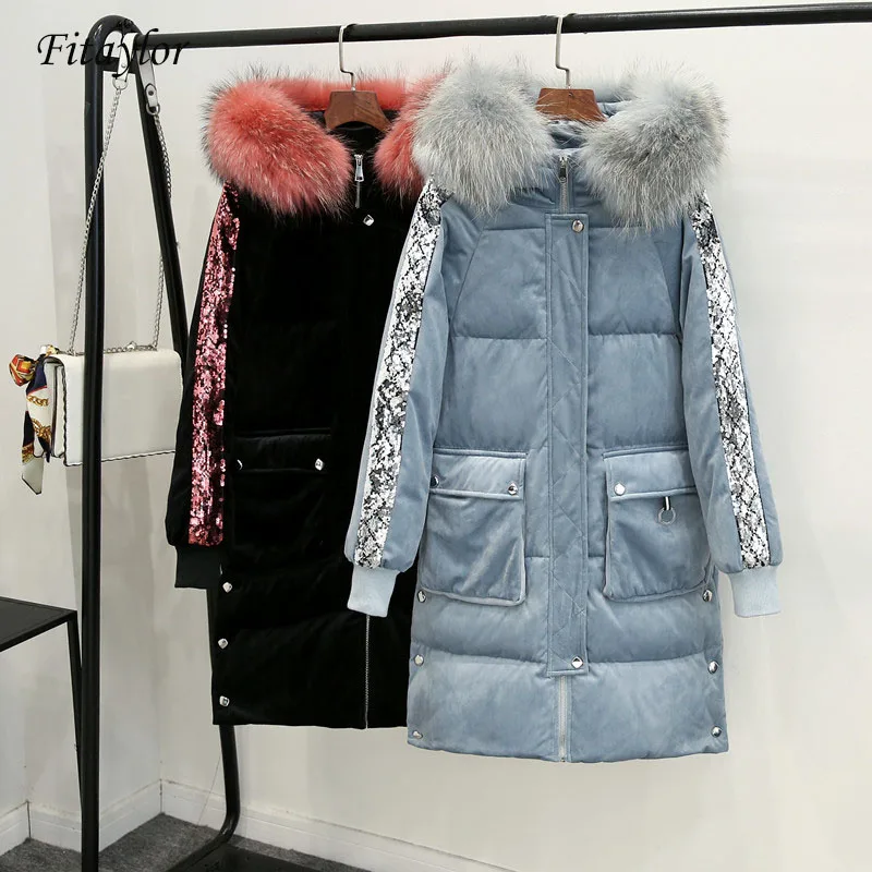 Fitaylor меховой воротник с капюшоном бархат длинный женский пуховик блестками