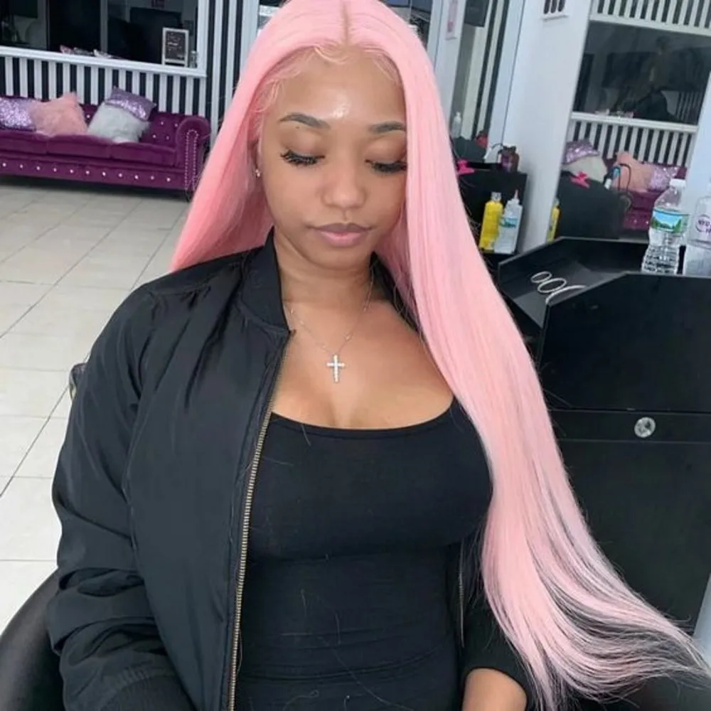 Soft Hair Cosplay Lace Front Wigs Sliky Straight Pink Color Synthetic Fiber Hair Wigs Replacement Natural Looking