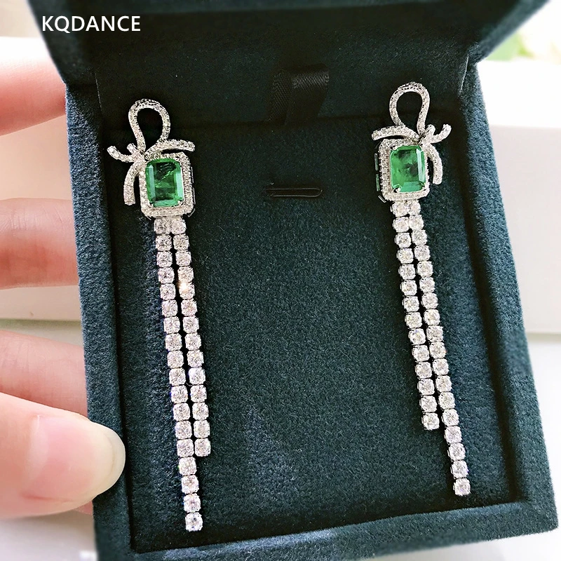 

KQDANCE 100% 925 sterling silver with green stone Created Gemstones Emerald Long Tassel Dangle BowKnot Earrings Fine Jewelry