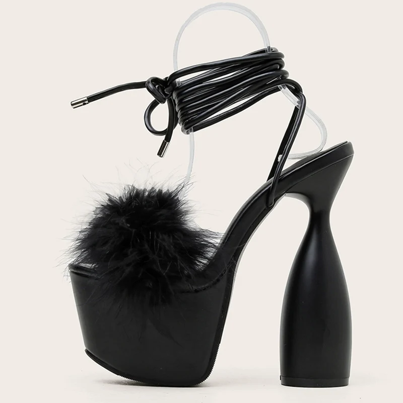 Женские массивные Босоножки на платформе летние пушистые сандалии с мехом