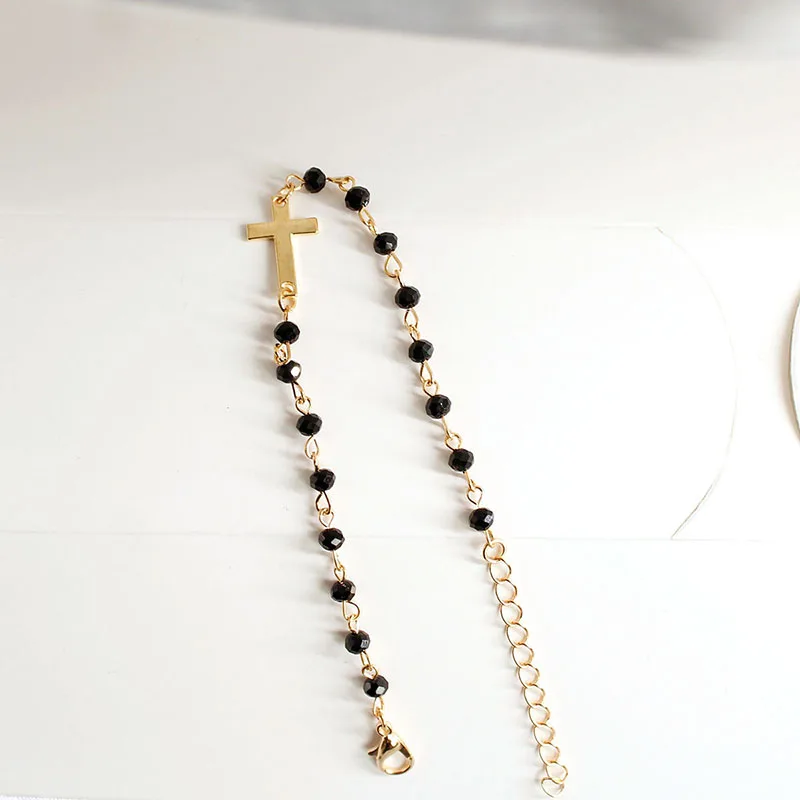 

2021 Fashion Exquisite Black Beaded Cross Bracelet Fashion Gold Color Metal Chain Bracelets for Women Men Party Gifts Jewelry