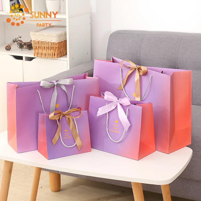 Фиолетовые и розовые градиентные мешки бумажные пакеты большая сумка с бантом из