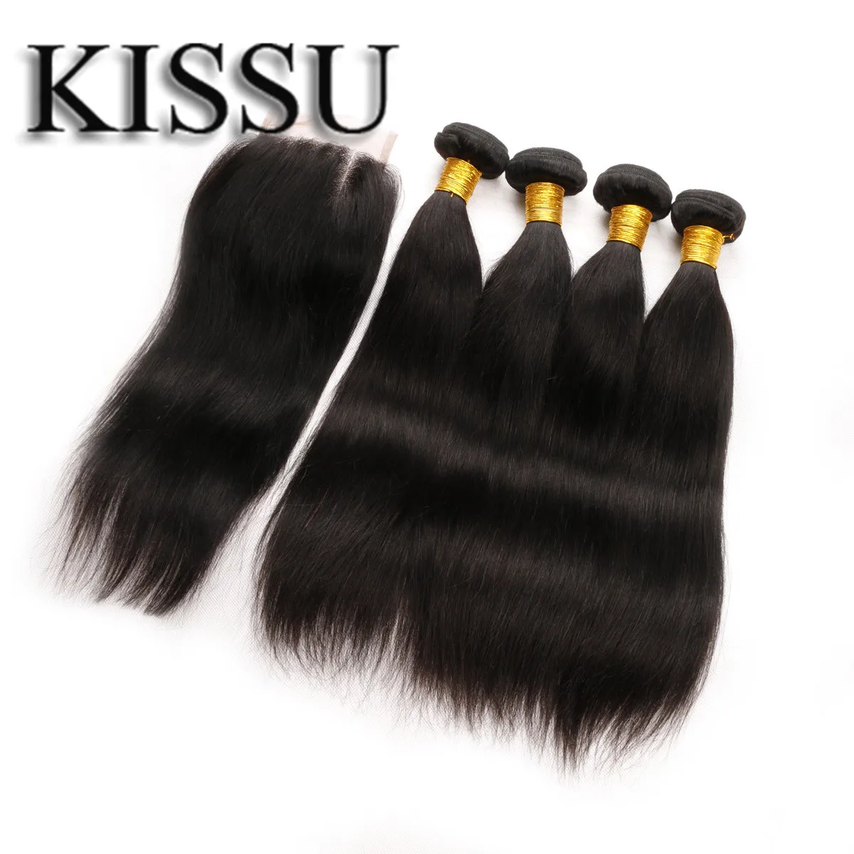 Перуанские пряди волос с закрытием Remy Прямые прямые человеческие волосы 4 для