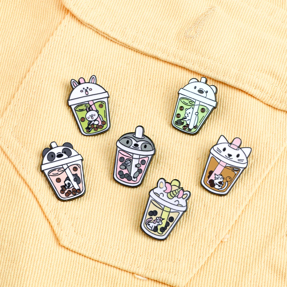 

6 Style Animal Boba Tea Enamel Pin Cute Panda Rabbit Cat Bear Cup Brooches High Quality Women Lapel Pin Badges Jewelry Gift New