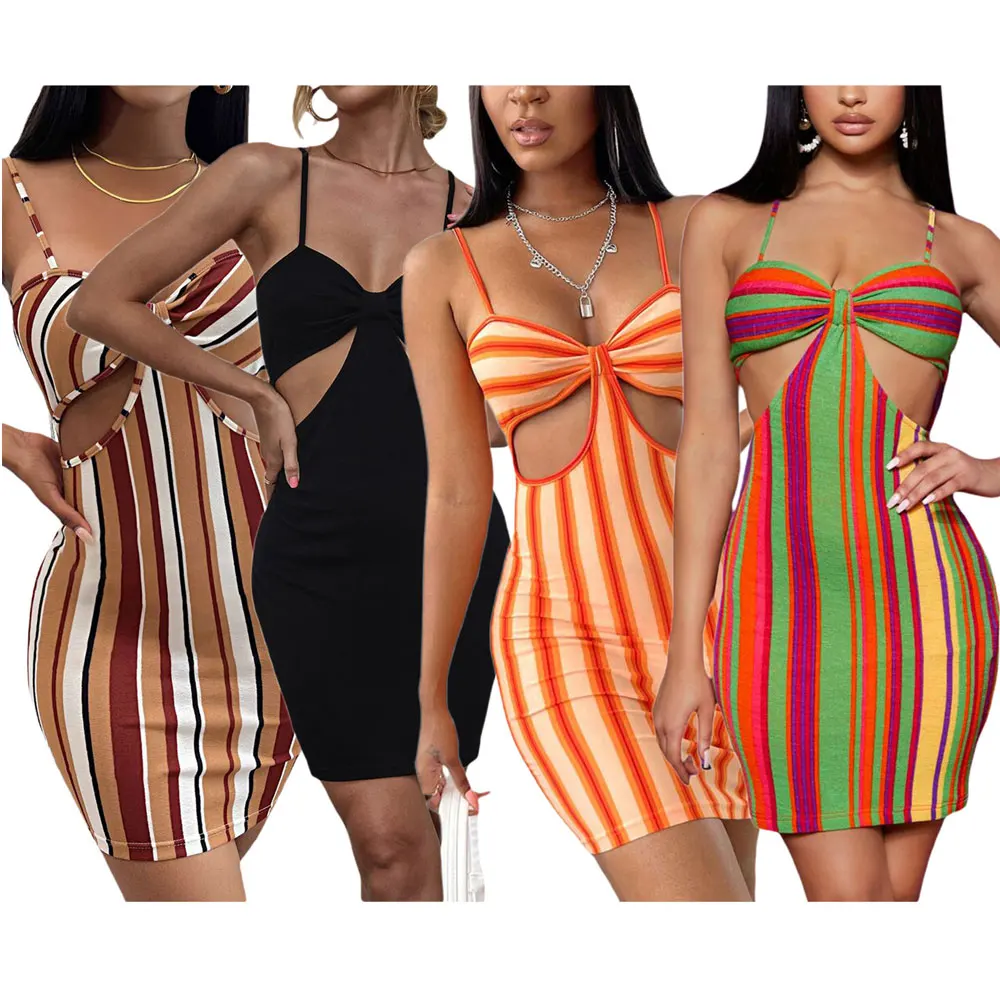 

2021 Summer Fashion Beach Dresses Womens Camisole Sleeveless Vertical Stripes Print Dress Sexy Ladies Hollow S Slim Dress New