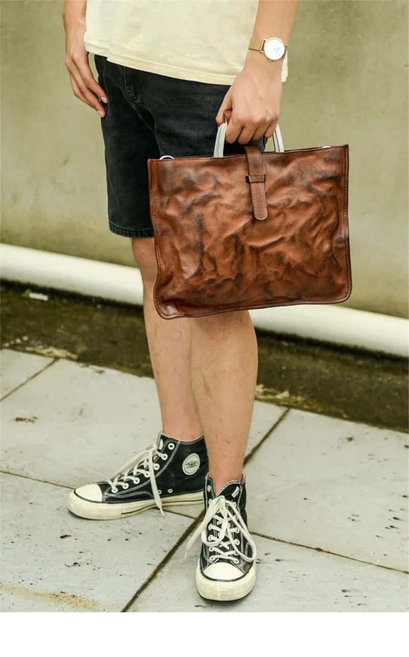 PNDME fashion retro handmade genuine leather men's women's briefcase handbags business natural real cowhide laptop messenger bag