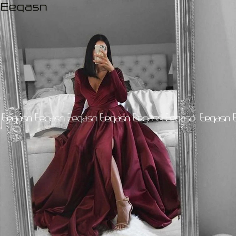 

Eeqasn Elegant Burgundy Prom Dress Long Sleeve A Line V Neck Sexy High Slit Satin Evening Dresses Party Gown robe de soiree