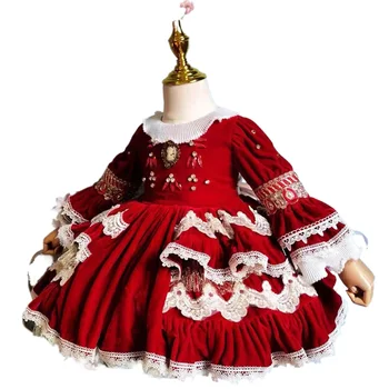ins Spanish Girls Red Party Birthday Wedding Dress Toddler Girl Christmas Outfits Flower Girl Dress Kids Dresses for Girls 1-8y