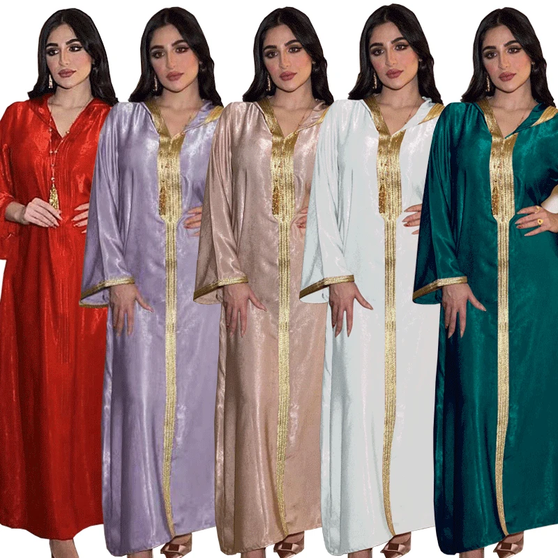 

Dubai Abaya Jalabiya Hooded Maxi Dress Long Sleeve Islam Muslim Women Moroccan Kaftan ArabTurkey Robe Champagne White Green