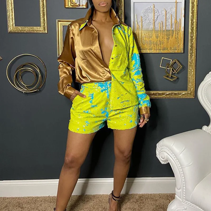 

Fashion Shorts Suits Women's Sets Patchwork Shirt and Short 2 Two Pieces Set