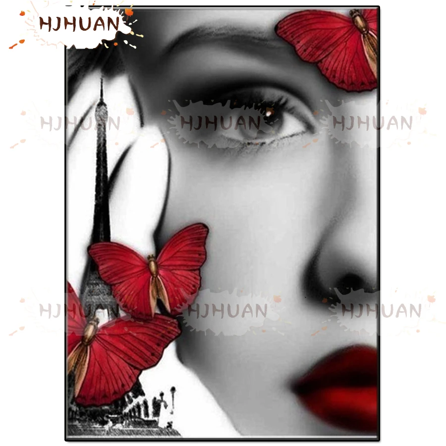 

5D DIY Eiffel Tower, red butterfly, woman, red lips Diamond Painting Full Square/Round Drill Cross Stitch Rhinestone Home Decor