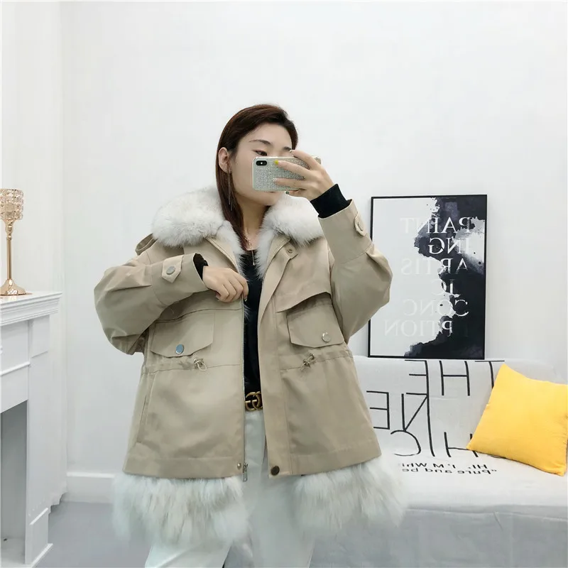 

2023 Fashion New Women Winter Jacket Natural Real Fox Fur Collar Real Rex Rabbit Fur Lining Parkas Loose Short Coat