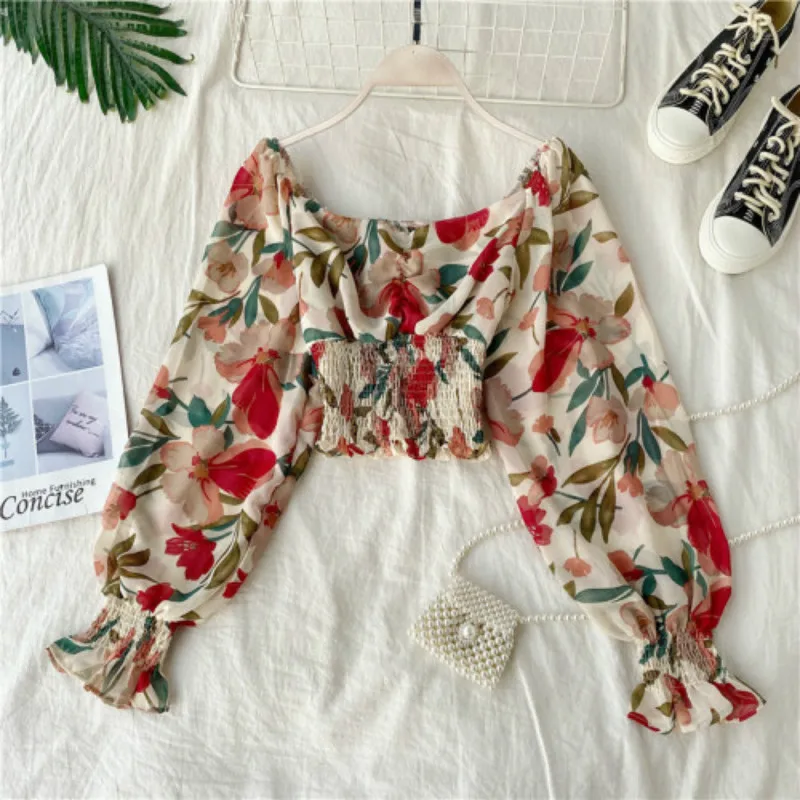 

Retro Wooden Ear Print Blouse Holiday Beach Style Slim Fit Pleat Blusas Square Collar Off Shoulder Chiffon Shirt