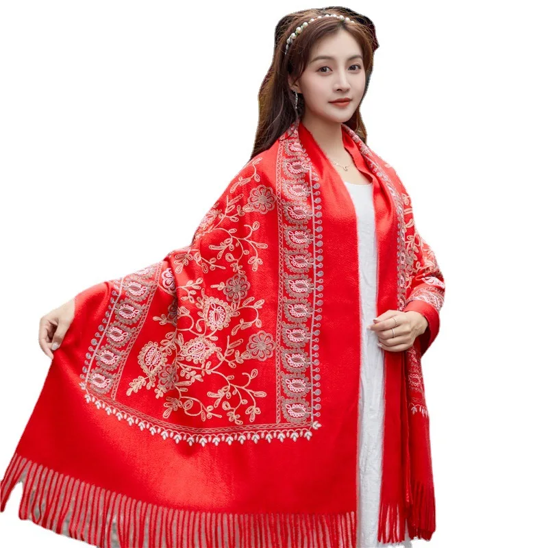 Зимний женский шарф черный с вышивкой Пейсли кашемировый из пашмины шарфы