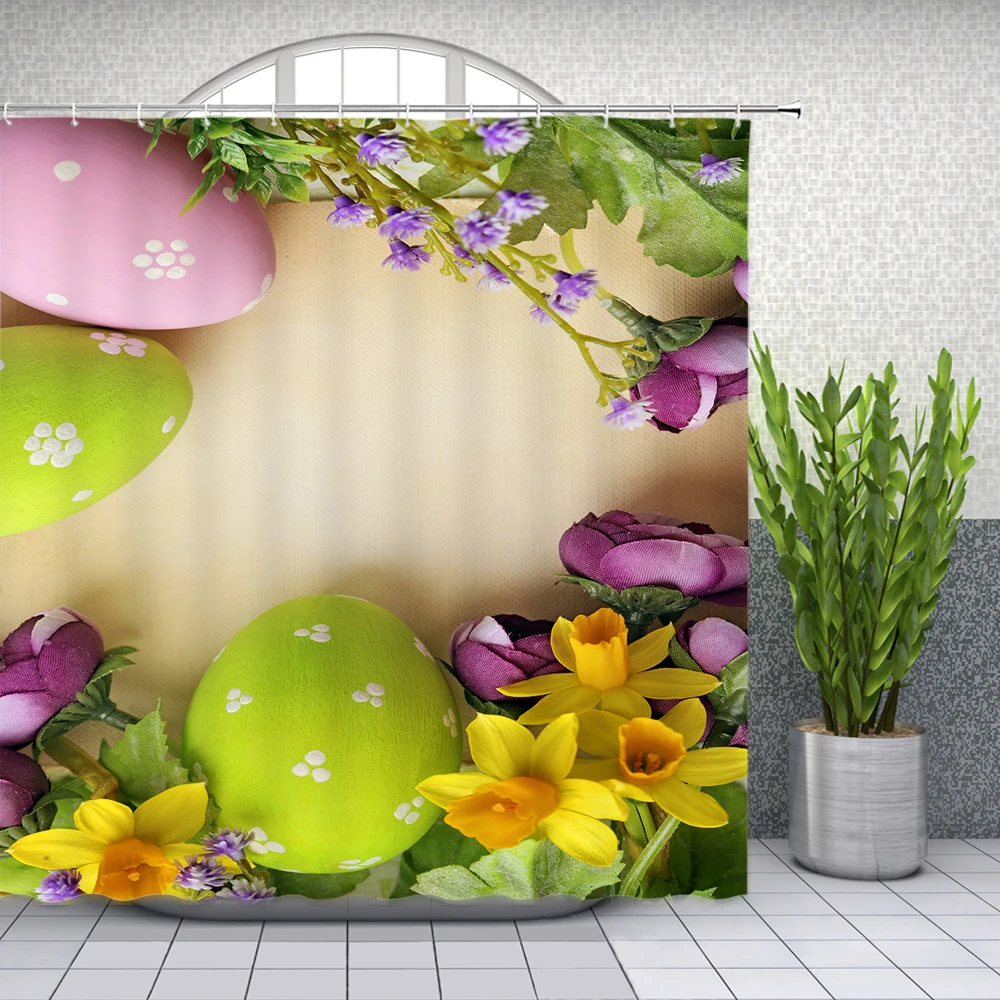 easter shower curtains colored egg flowers green plant bathroom decor waterproof polyester home bathtub curtain set with hooks free global shipping