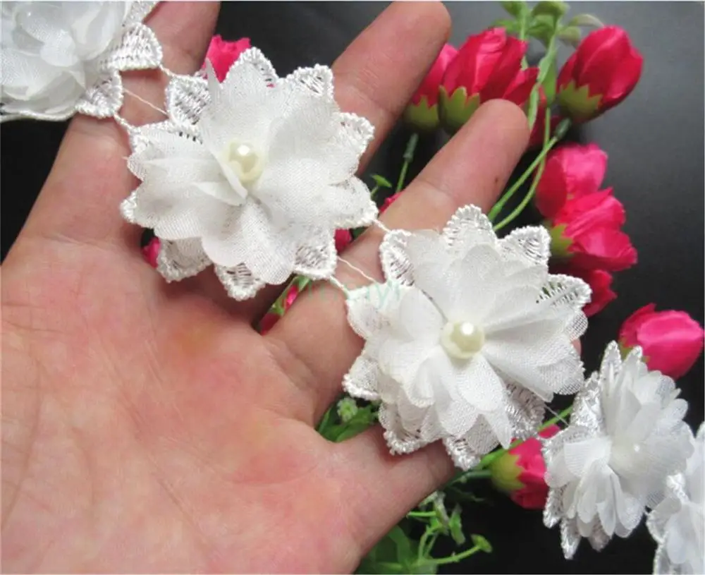 1yard Soluble 50mm Flower Pearl Chiffon Embroidered Lace Trim Ribbon Fabric Handmade DIY Sewing Craft For Costume Hat Decoration | Дом и сад