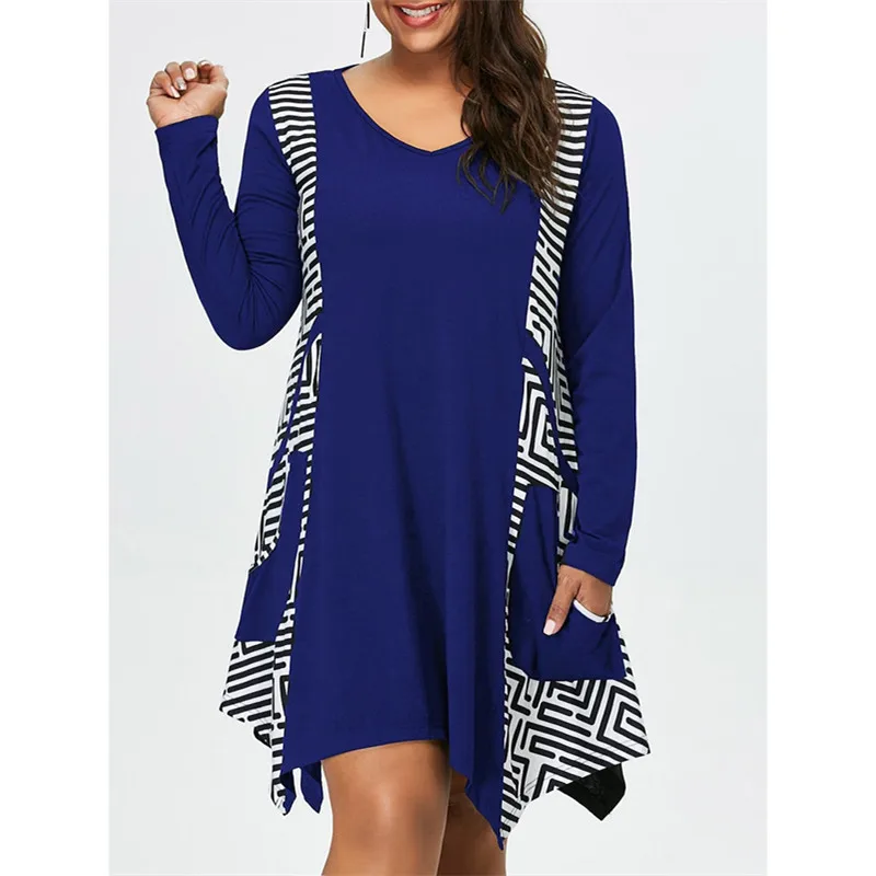 

Large size Women's Striped Print Stitching Irregular V-neck Mini dress With Pocket Black Red Long Sleeve Autumn Casual Vestido