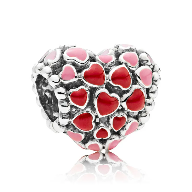 

Оригинальный женский серебряный ажурный браслет с розовой и красной эмалью