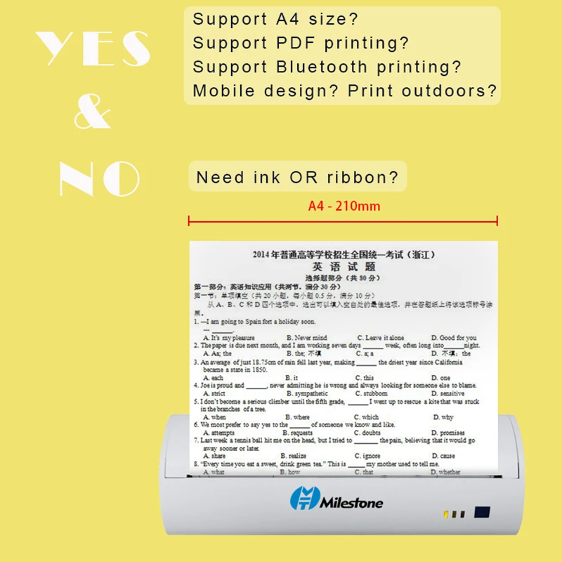 Портативный Bluetooth термопринтер A4 с поддержкой PDF документов фотопечати для ios android