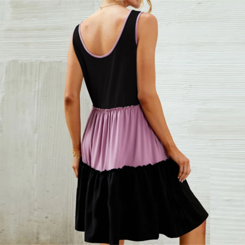 

Women Casual Mini Dress Sleeveless Sexy O Neck Office Stitching Color Party Dress Women Summer Pocket Beach Dress 2021