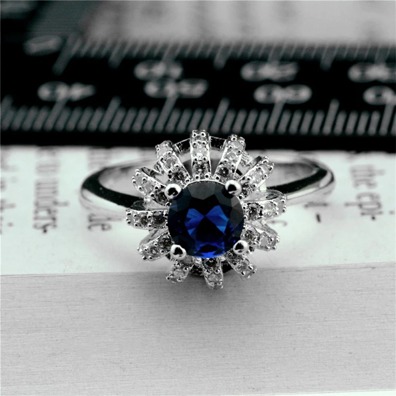 Luxury Cross Line Silver Color Zirconia Crown Ring For Women's Wedding Party AAA Zircon Blue Crystal Romantic Jewelry | Украшения и