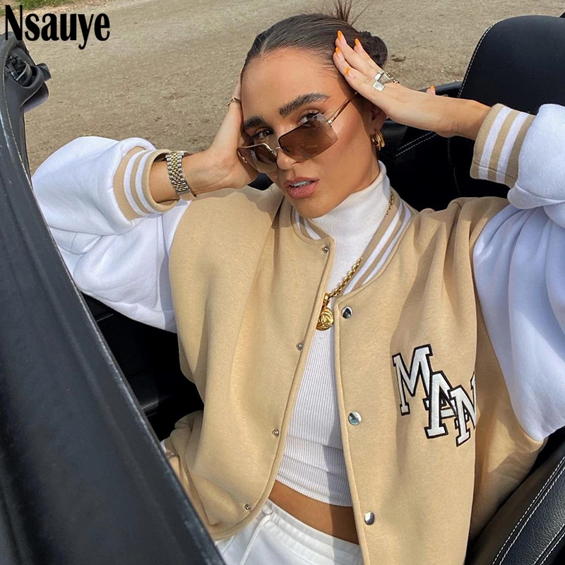 

Nsauye 2021 Winter Female Fashion Parkas Khaki Baseball Jacket Women Harajuku Loose Letter Print Bomber Coat Tops Streetwear