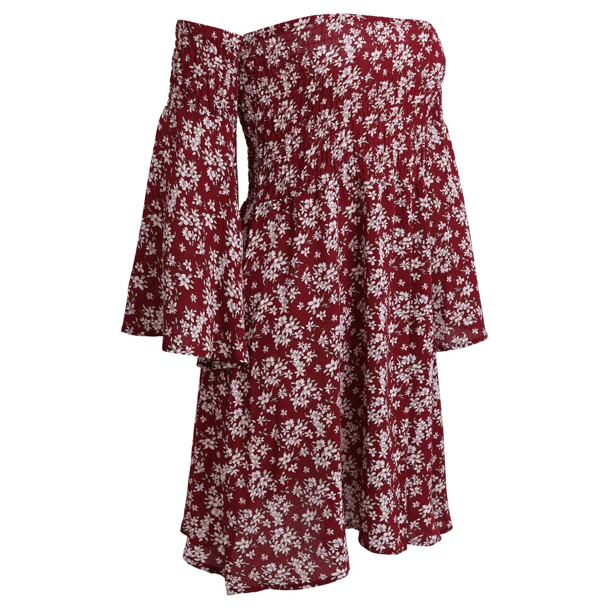 

Beach Dress Vintage Women Floral Print Dress Off Shoulder Slash Neck Office Dress Summer Casual Flare Sleeve Party Vestidos