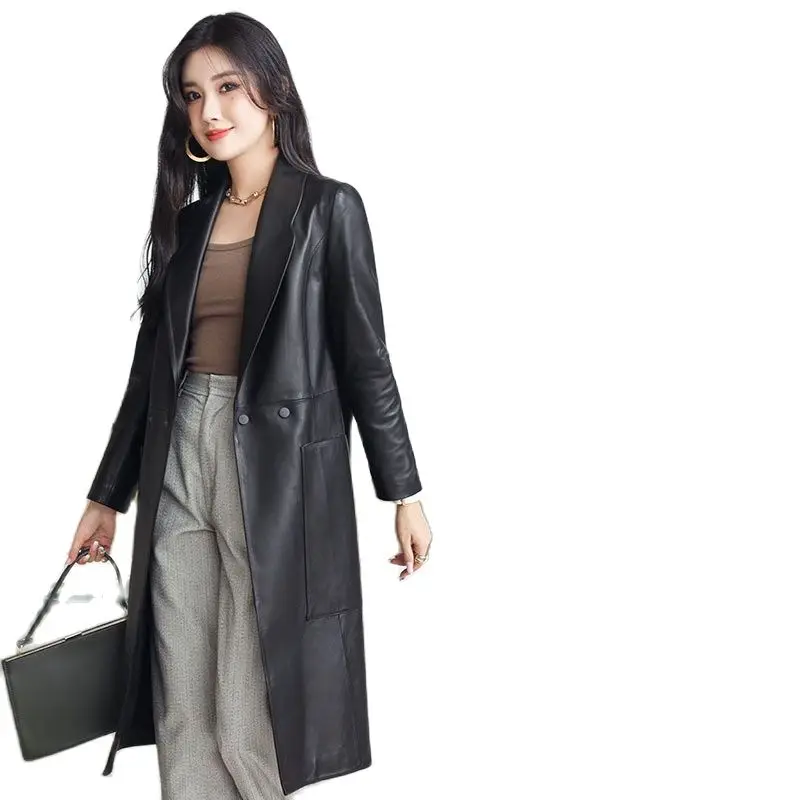 Chaqueta larga informal de piel de oveja auténtica para mujer, traje cortavientos de cuero genuino, de longitud media, con cuello