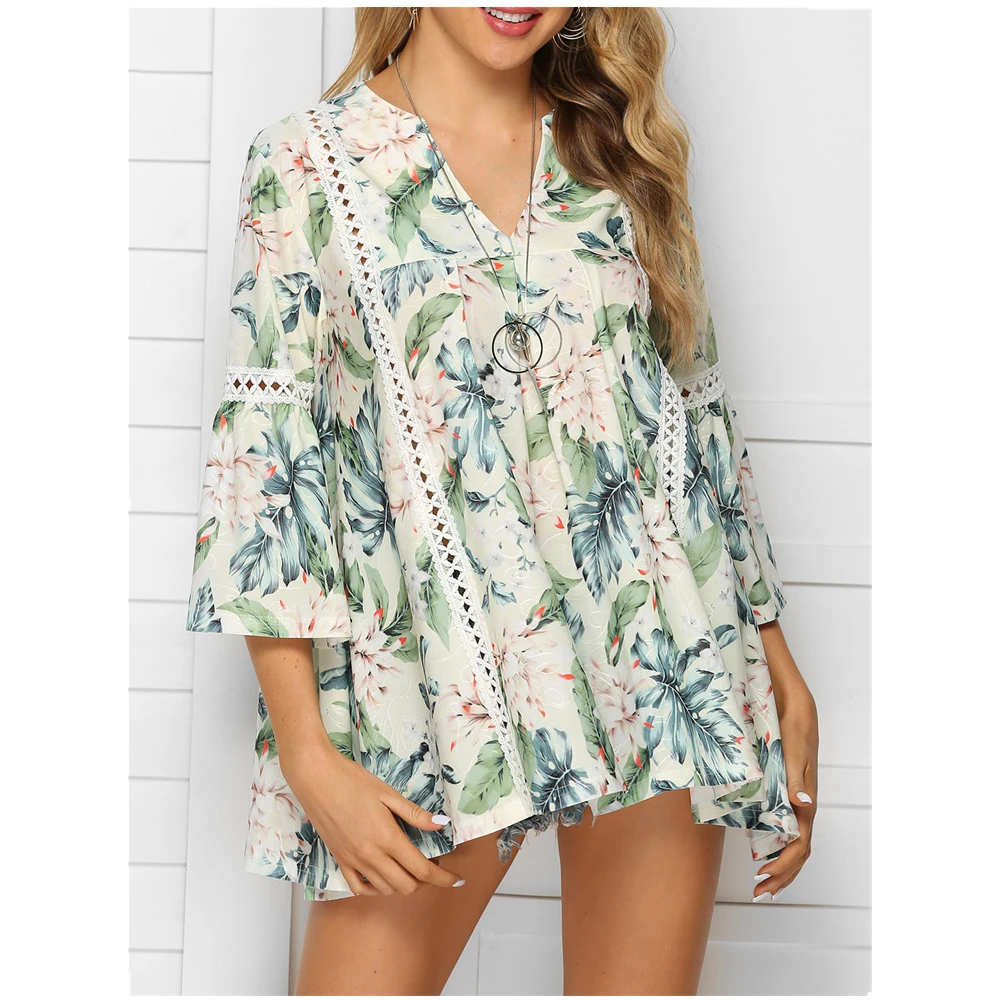Женская шифоновая блузка с цветочным принтом и V образным вырезом|Блузки| |