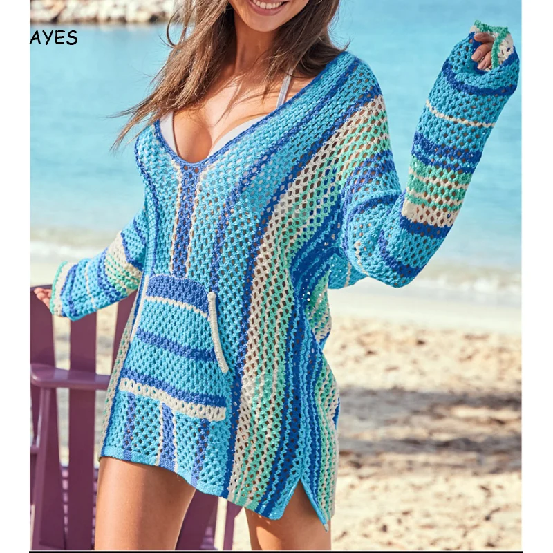 Бикини женское свободное в полоску накидка с V-образным вырезом и длинным рукавом