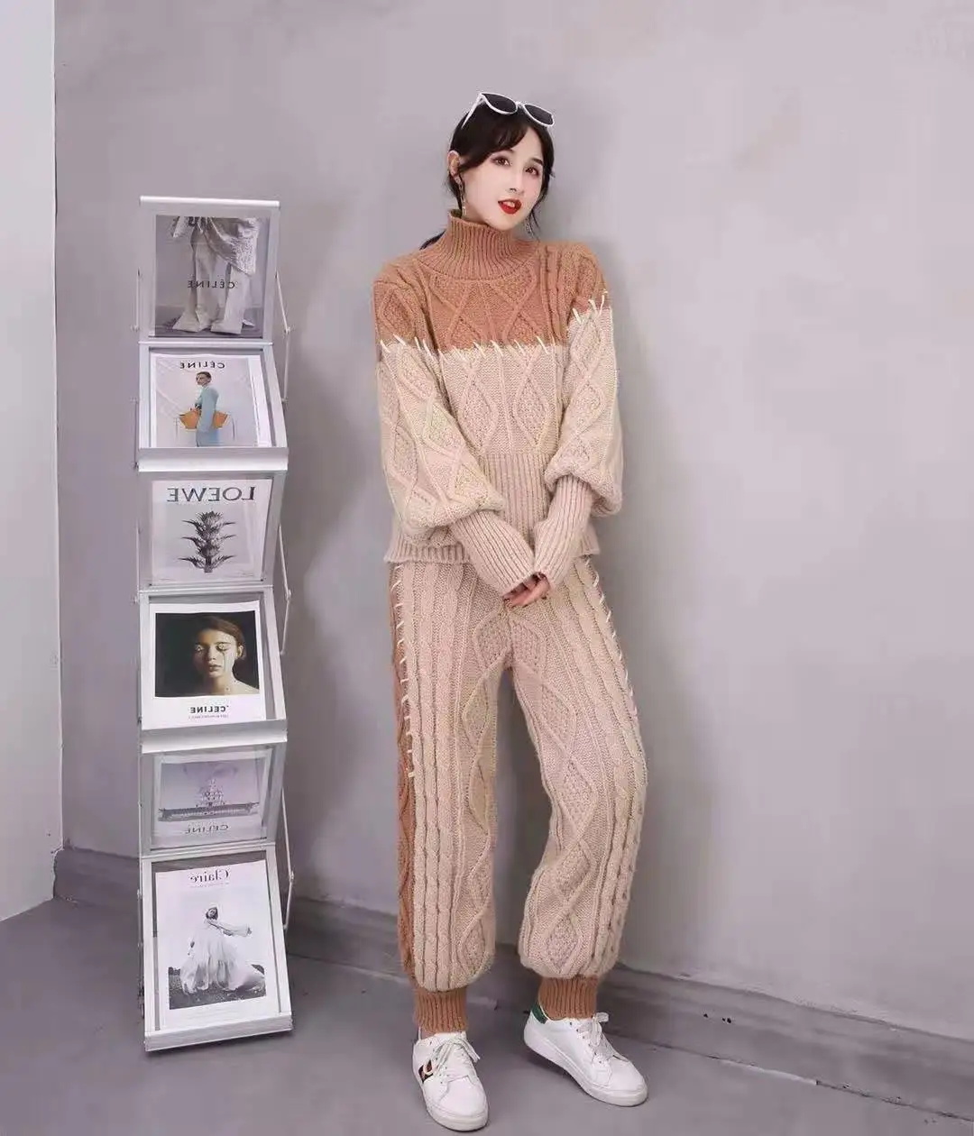 

Korean Style ladies Chunky Warm Fashion patchwork sweater set Plus size female knitwear two pieces set