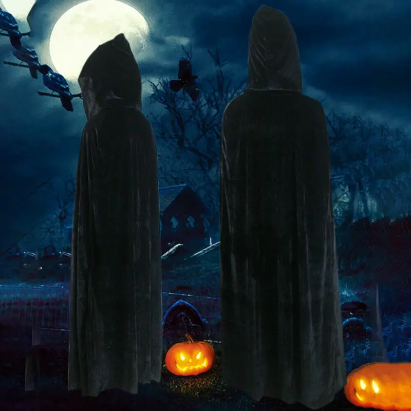 Adult Halloween Velvet Cloak Cape Hooded Medieval Costume Witch Wicca Vampire Men Women Scary Costumes |