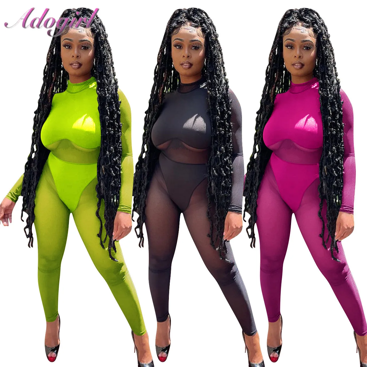 

Sexy Sheer Mesh Patchwork See Through Party Club Jumpsuit Women Solid O Neck Long Sleeve Leggings Rompers Outfit Fitness Overall