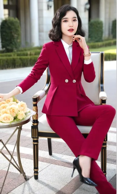 Red coat and pants Naviu Новое поступление высокого качества Женский комплект из двух предметов брюки костюм для офисный официальный для женщин Рабочая одежда зимняя одежда - Цвет: Red coat and pants