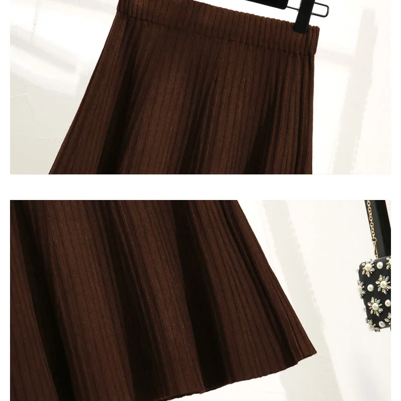 

A- Line High Waist Skirt Autumn Winter Female 2021 Solid Skirt Slim Knitted Bubble Pleated Skirts New Jupe Femme 10368