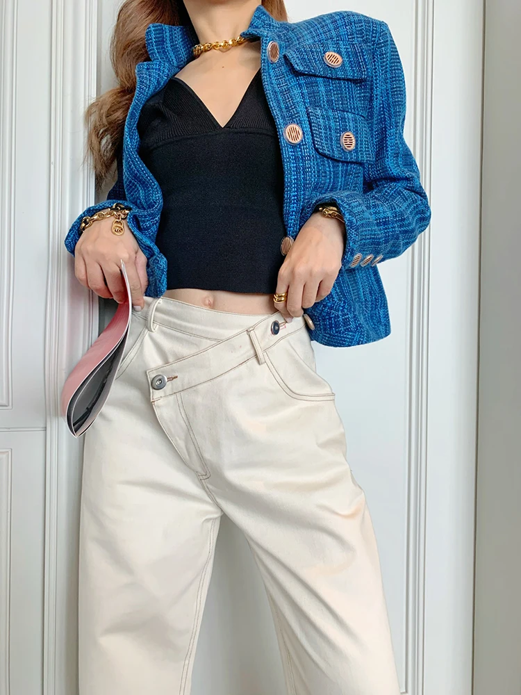 

Джинсы женские с диагональными пуговицами, прямые широкие штаны, повседневная облегающая одежда персикового цвета с завышенной талией, на ...