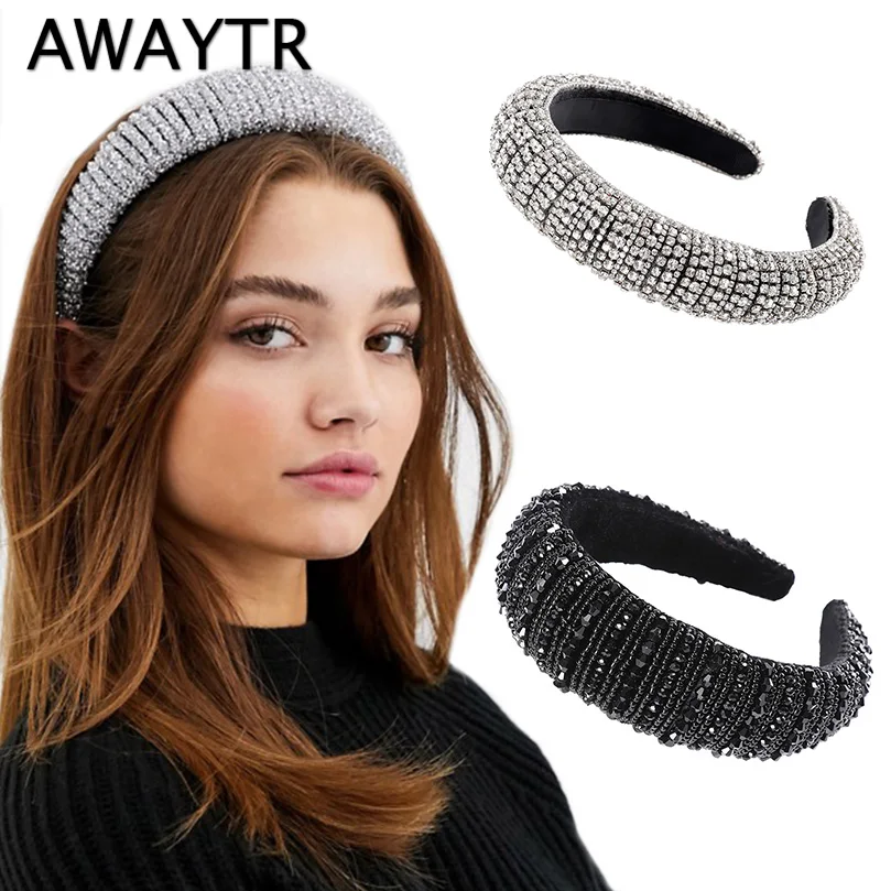 Женский широкий обруч для волос AWAYTR Серебристый со стразами и подкладкой