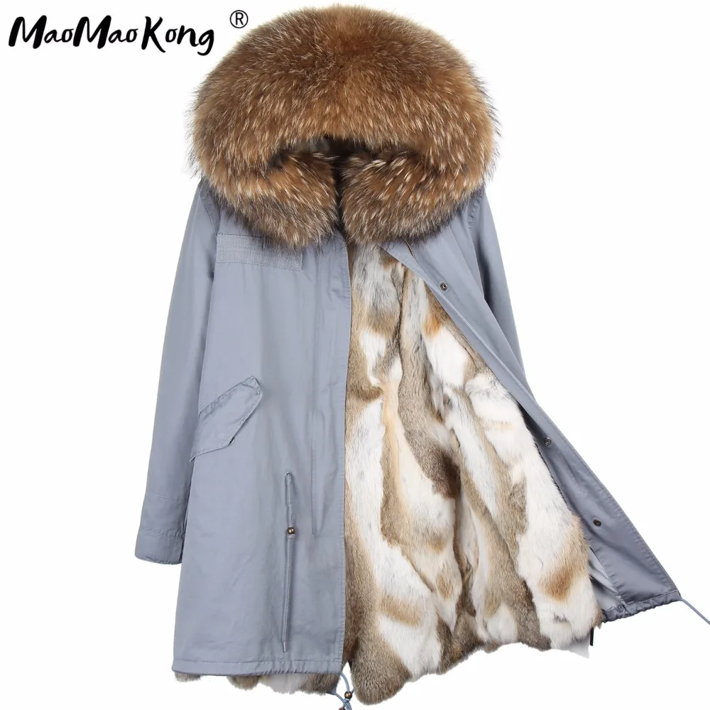 

MAO MAO KONG Fashion women's real rabbit fur lining winter jacket coat natural fox fur collar hooded long parkas outwear DHL 5-7