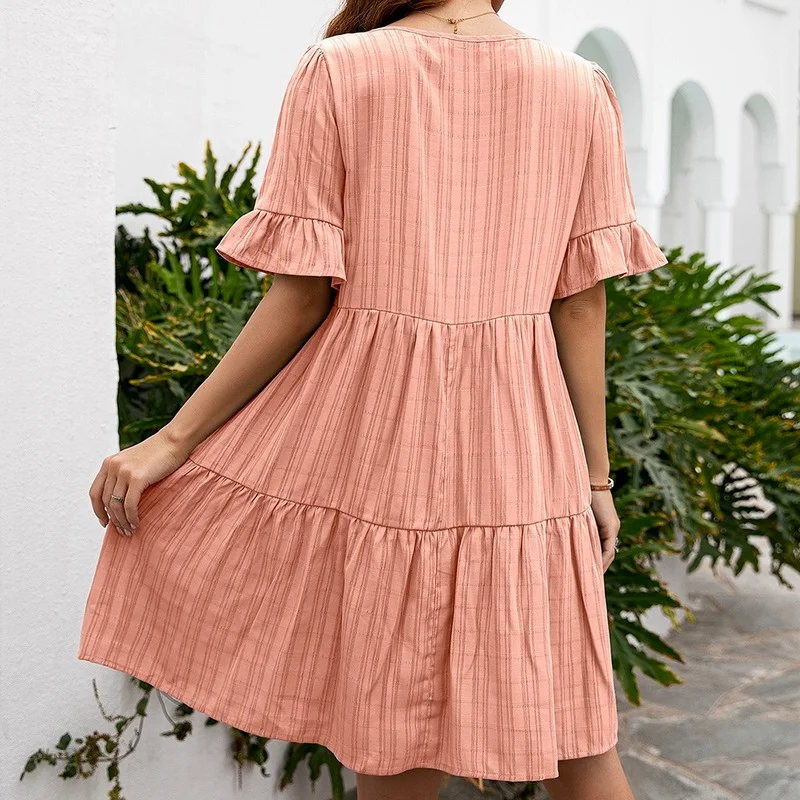 

2021 spring and summer new women's loose casual dress 5-point sleeve medium length V-neck dress