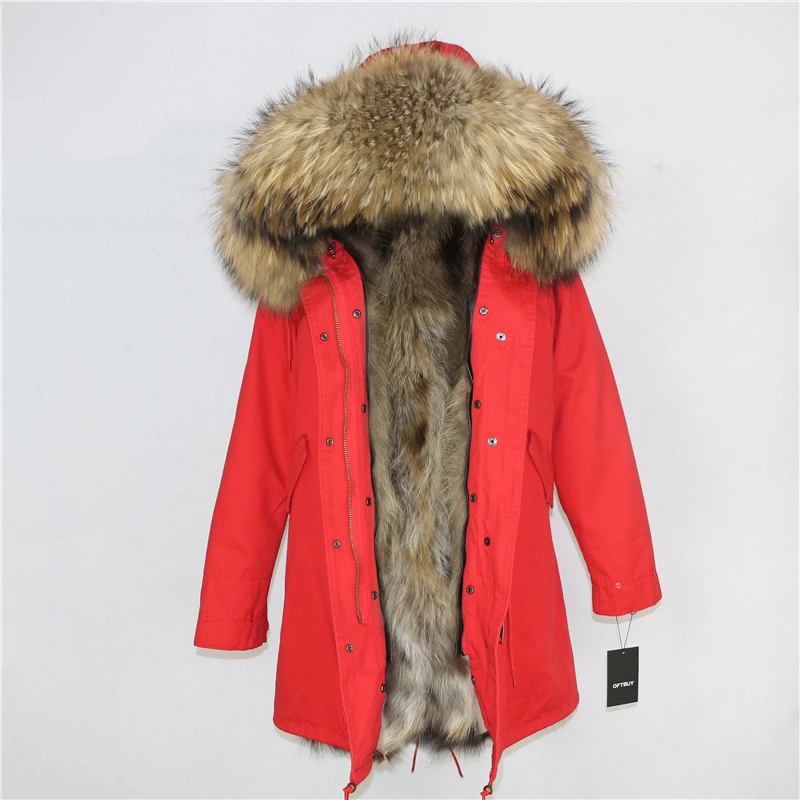 red natural D Женская парка на натуральном меху OFTBUY, черное пальто с натуральным лисьим мехом, с капюшоном с отделкой из меха енота, толстая теплая уличная одежда, зима - Цвет: red natural D