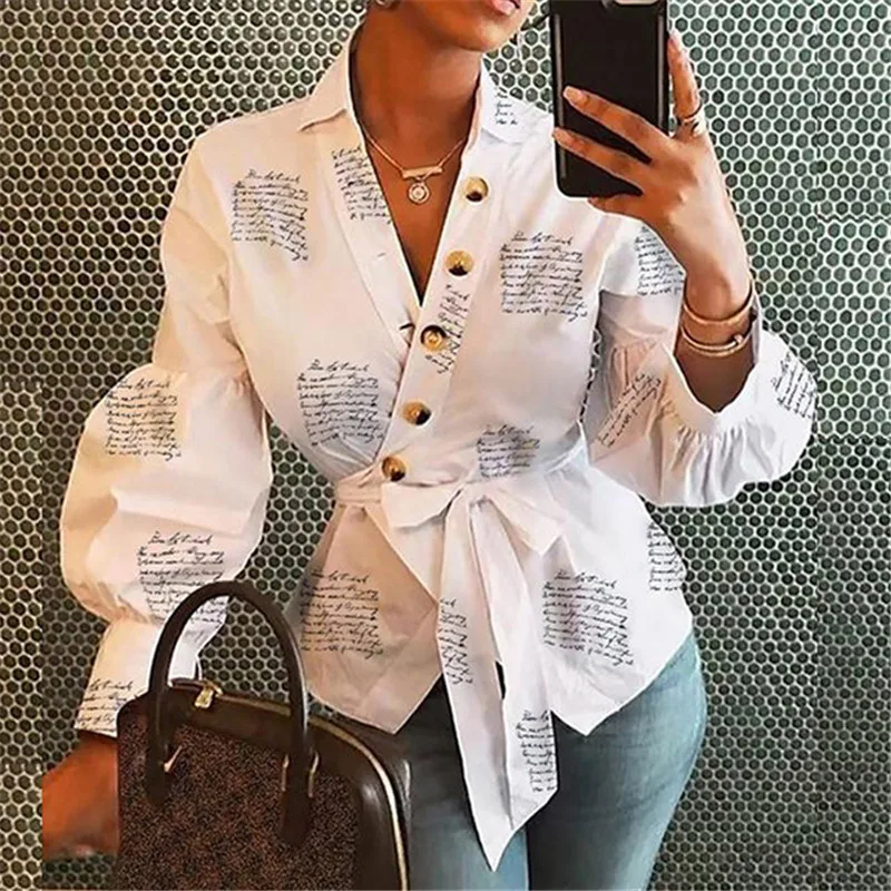 Женская блузка с надписью длинным рукавом-фонариком офисная для осени и зимы