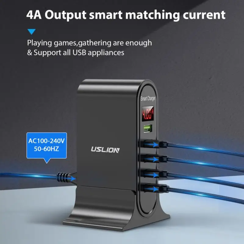 5 Port USB Charger HUB LED Display Multi USB Charging Station Dock Universal Mobile Phone Desktop Wall Home EU / UK Plug Charger