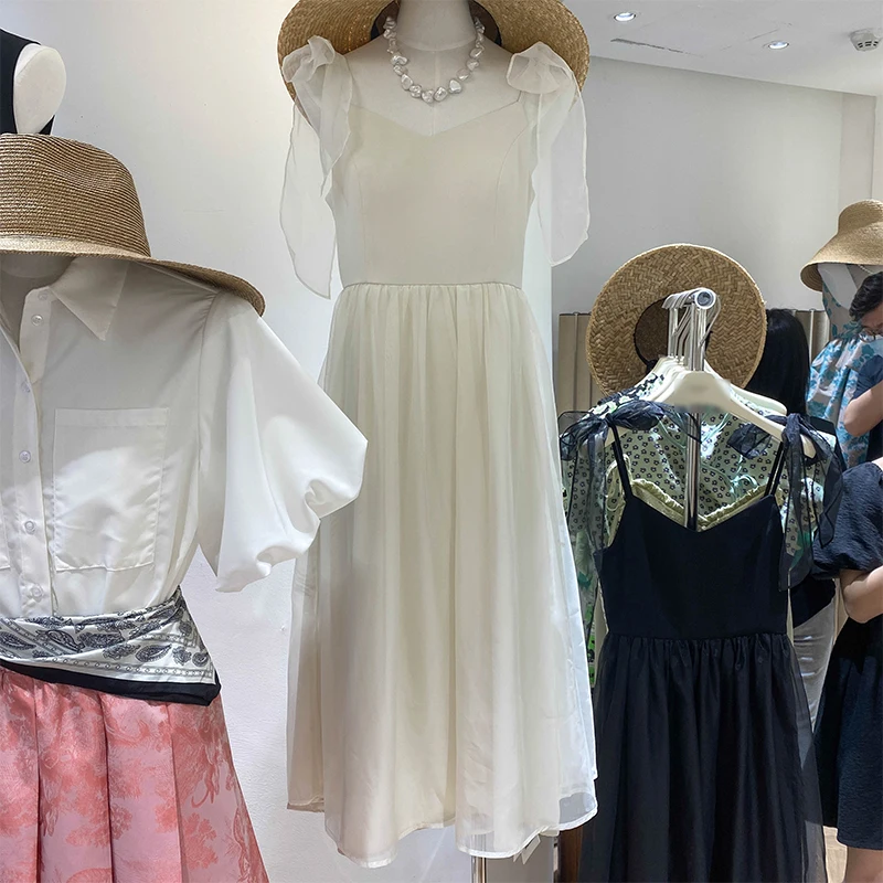 

Backless Bow-knot Women Strap Dress 2021 New Summer Fashion High Waist Ultra Long Fairy Dress A-line Black Bottoming Dress