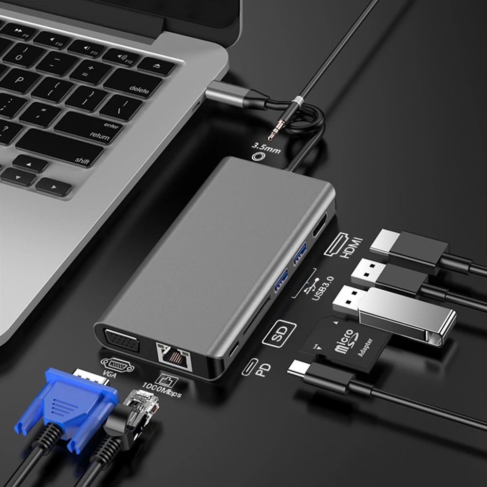 Tebe type-C концентратор 8-в-1 док-станция с 3 5 мм аудио конвертер USB C к HDMI + VGA двойной