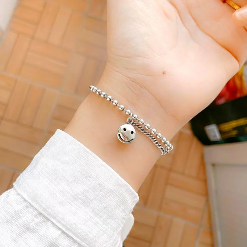 

Round Smile Face 925 Sterling Silver Bead Bracelet For Women Korean Trendy Vintage Retro Jewelry Accesorios