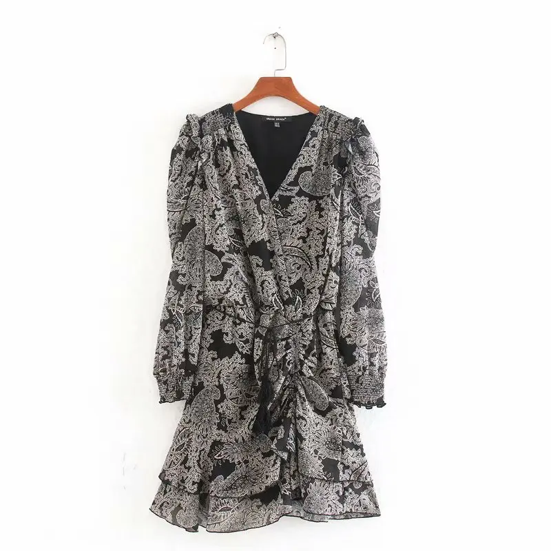 Женское винтажное Плиссированное мини платье с цветочным принтом и рюшами