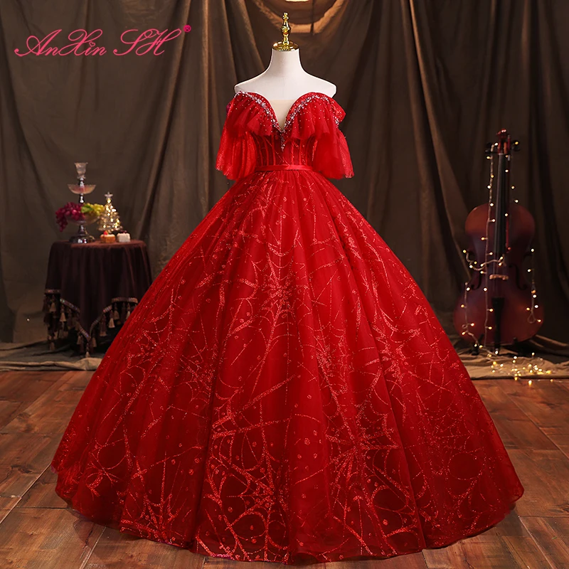 

Винтажное Красное Кружевное бальное платье AnXin SH с вырезом лодочкой и блестящими бусинами, бальное платье с оборками, вечернее платье принцессы на шнуровке для невесты
