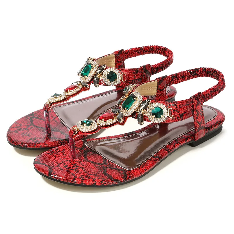 

2020 summer red retro bohemian rhinestone sandals ladies new beaded flat snake print flip flops green plus size women's shoes