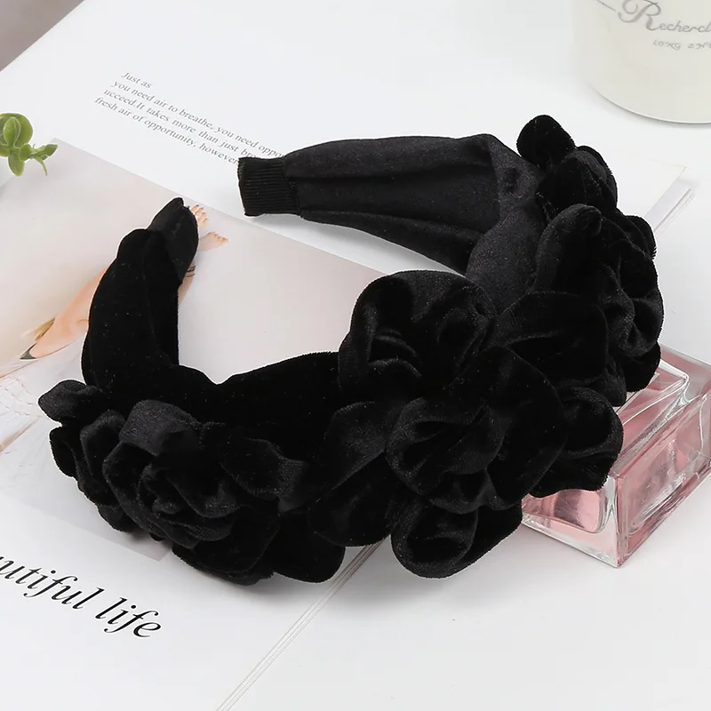 AWAYTR New Solid Color Peony Flower Velvet Hairband for Women Winter Headdress Ladies Ball Party Retro Fashion Accessories